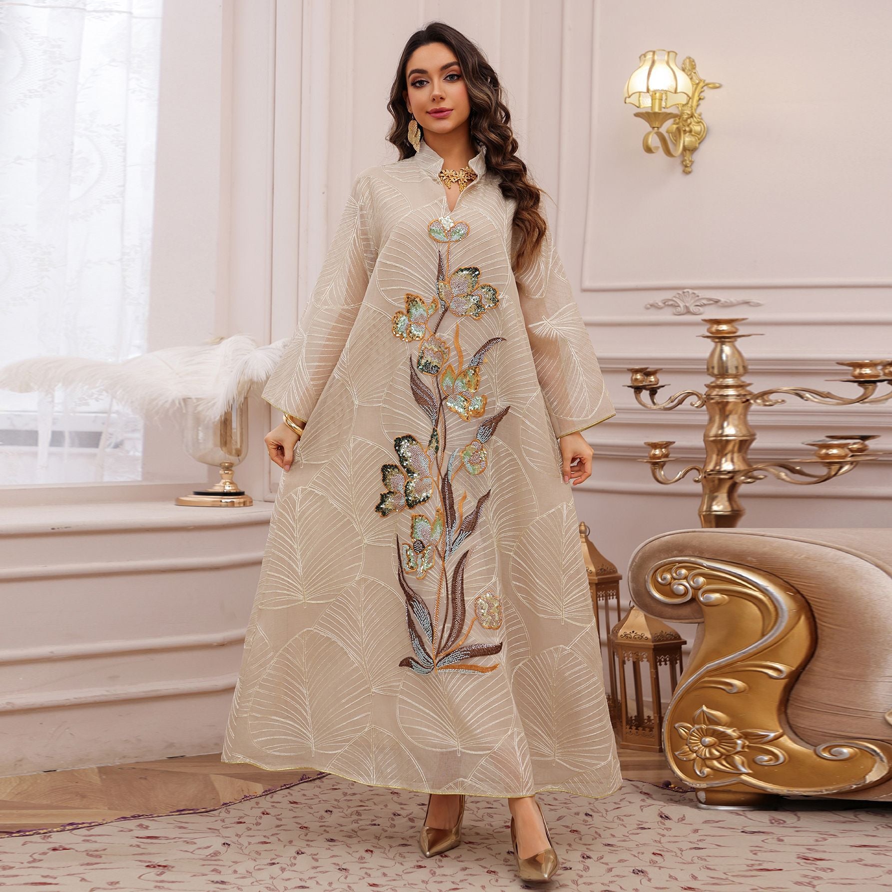AB485  Mesh Embroidered Maxi Dress Ethnic Women's Clothing