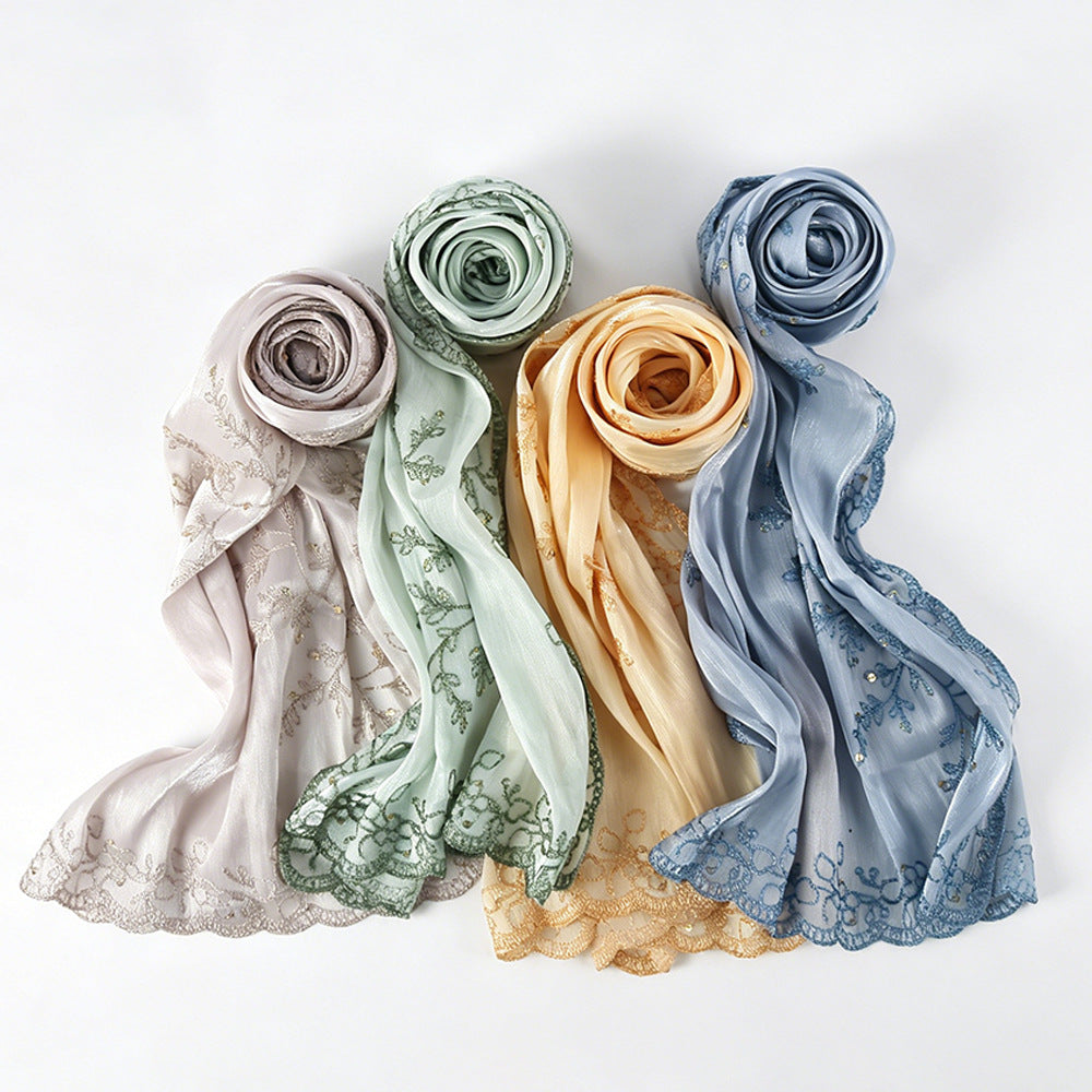 WJ115  Plain Embroidered Scallop Edge Sea Island Silk Hijab