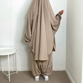 P103  Plain 2-Piece Loose Long Sleeve Top Hijab and Tied Pants Set