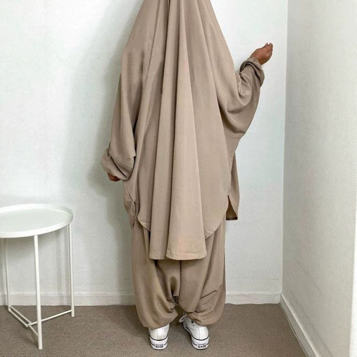 P103  Plain 2-Piece Loose Long Sleeve Top Hijab and Tied Pants Set