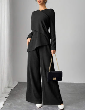 SY013  Elegant Casual Polyester Top + Wide-Leg Pants Set