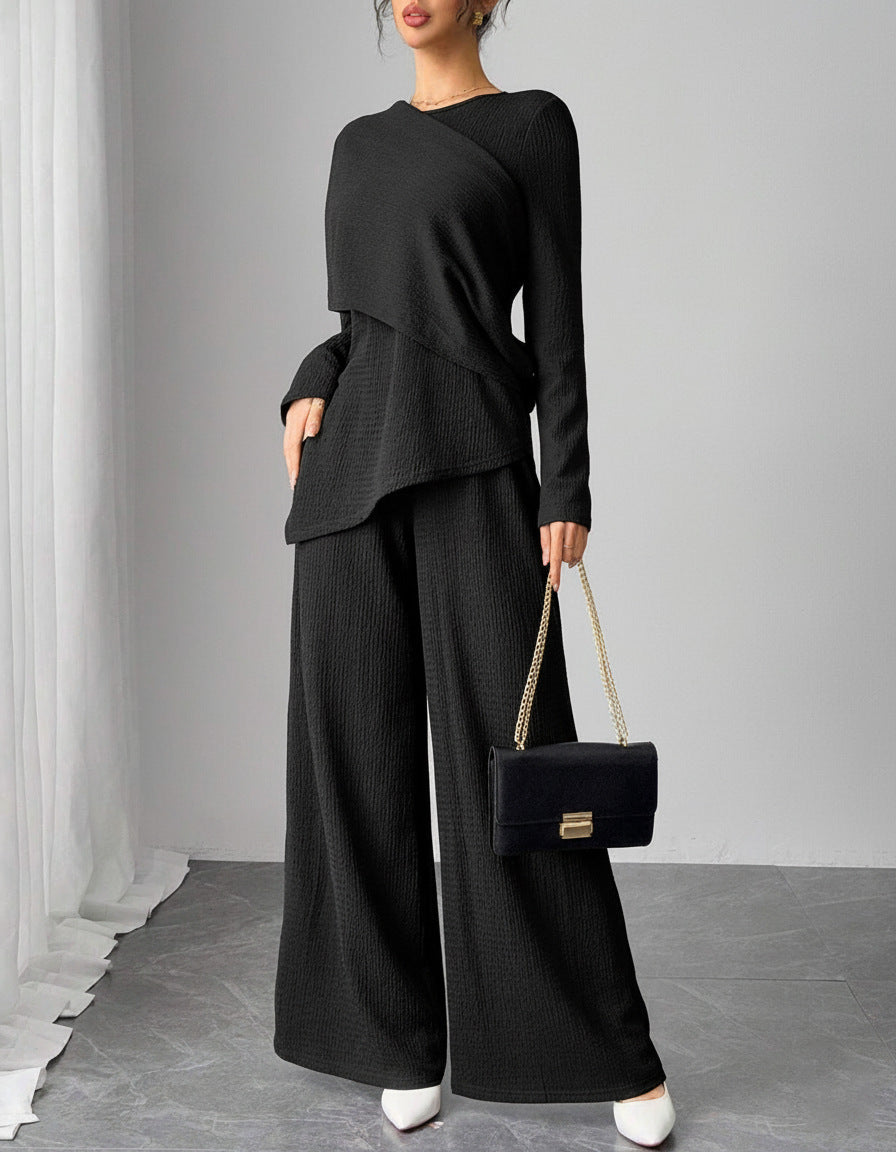 SY013  Elegant Casual Polyester Top + Wide-Leg Pants Set