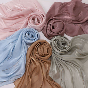 W-0513  Sea Island Silk Bright Silk Hijab with Rhinestone Lines
