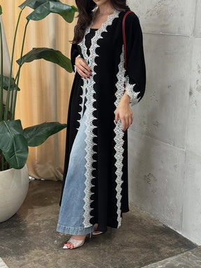 HY229 Black White Lace-Trimmed Polyester Open Abaya