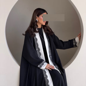 MQ266  Black Polyester Lace Patchwork Abaya