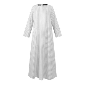 2020915  Women's Retro Stripe Cotton Linen A-Line Dress for Autumn