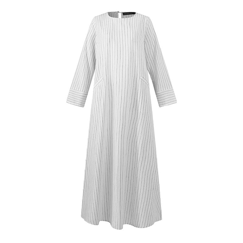 2020915  Women's Retro Stripe Cotton Linen A-Line Dress for Autumn