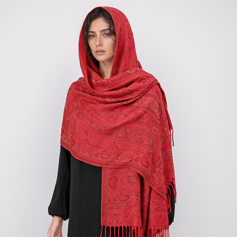 MY35 Red ethnic cashmere cashew jacquard scarf