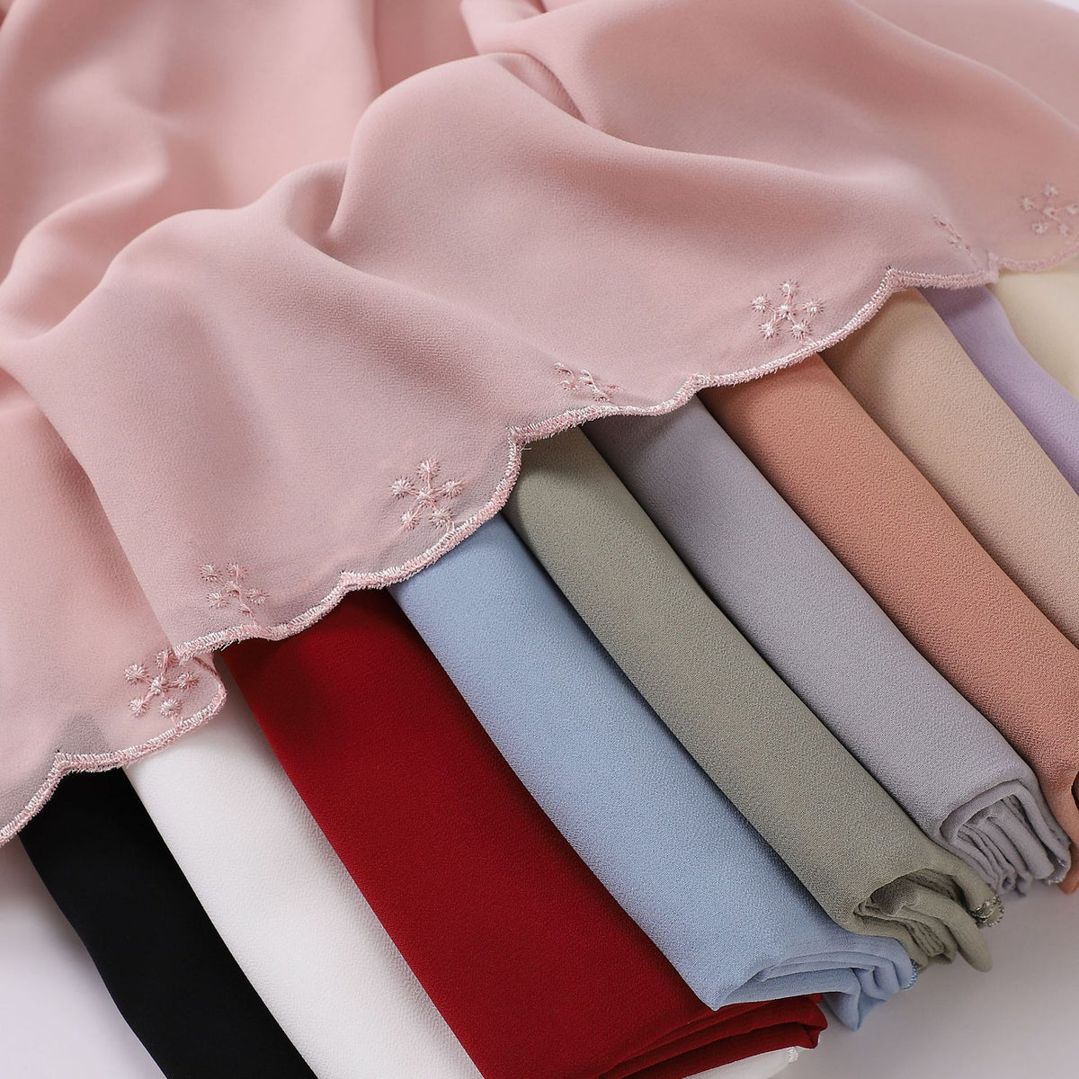 W-0005 plain pearl chiffon embroidery edge hijab scarf