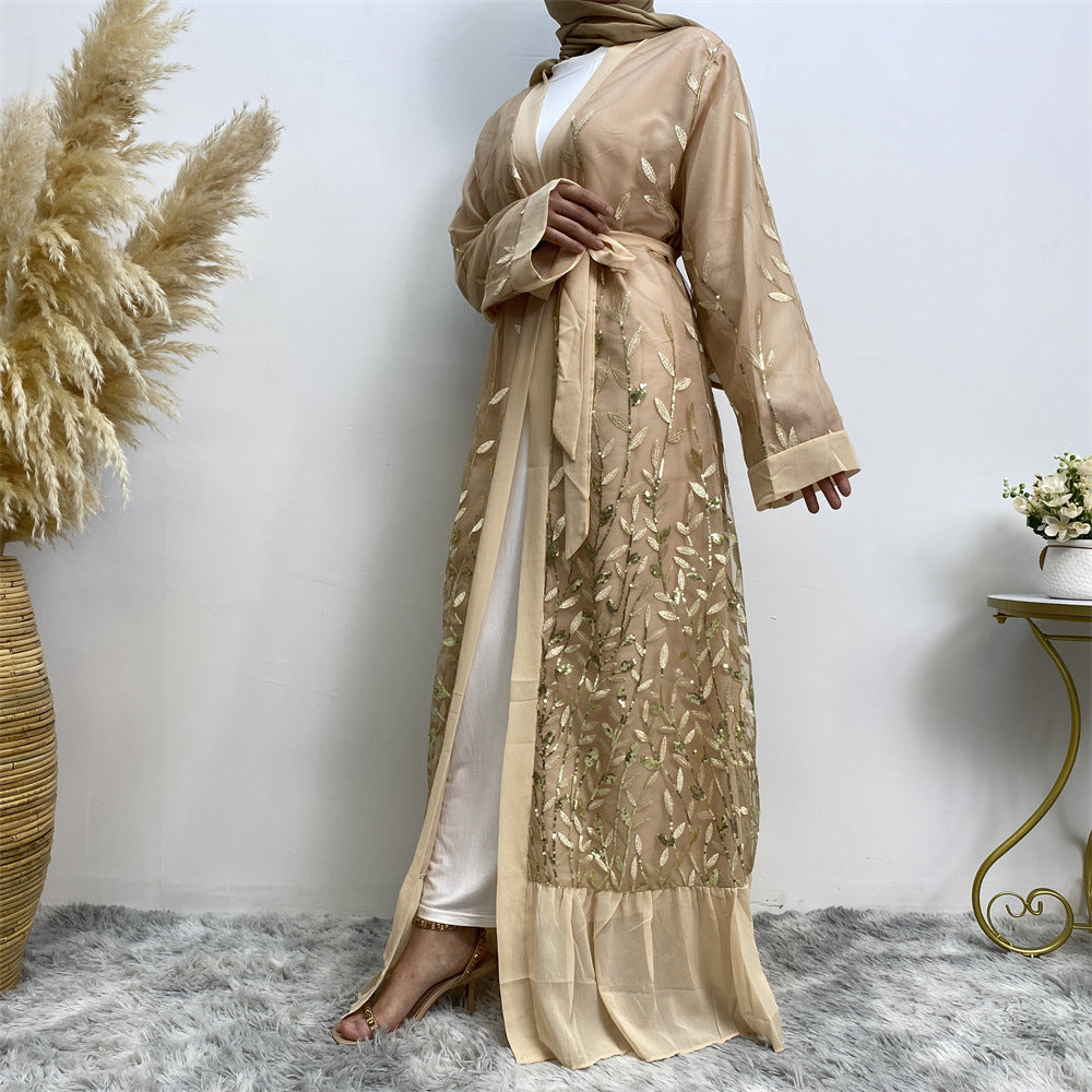 1711 Leaf embroidery sequin abaya muslim dress