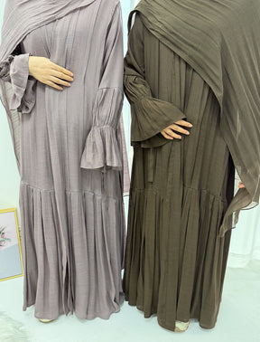 LR1139  Pleated cardigan with lining + hijab 2-piece set
