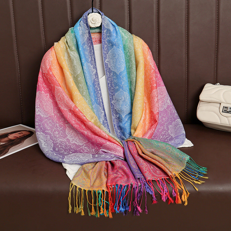 T318-01  Paisley Embroidered Ombre Tassel Polyester Cotton Scarf