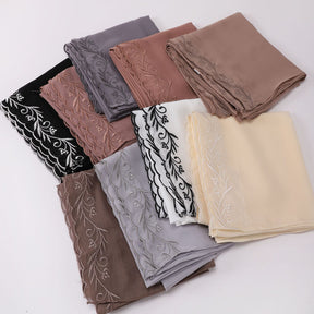 W-0512  Pearl Chiffon Long Hijab with One Side Embroidery