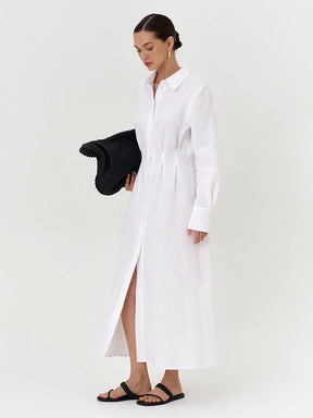 LYQ0431  Women's Waist-Cinching Linen Shirt Dress with Side Slit