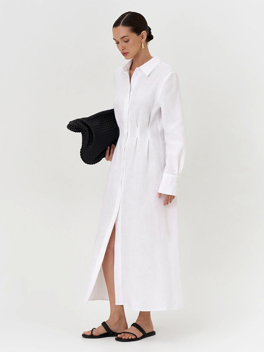 LYQ0431  Women's Waist-Cinching Linen Shirt Dress with Side Slit
