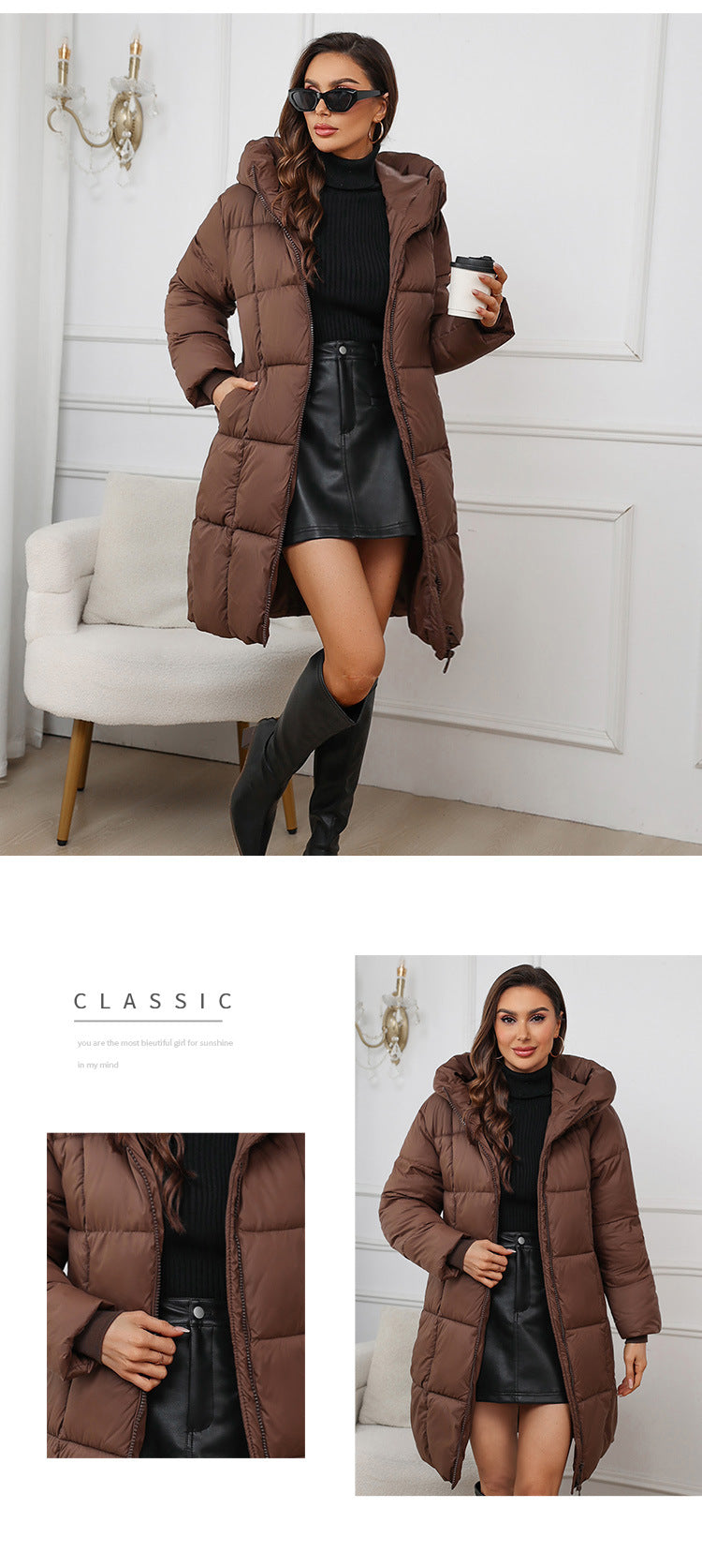W1836  Women's Hooded Mid-Length Slim Winter Cotton-Padded Coat