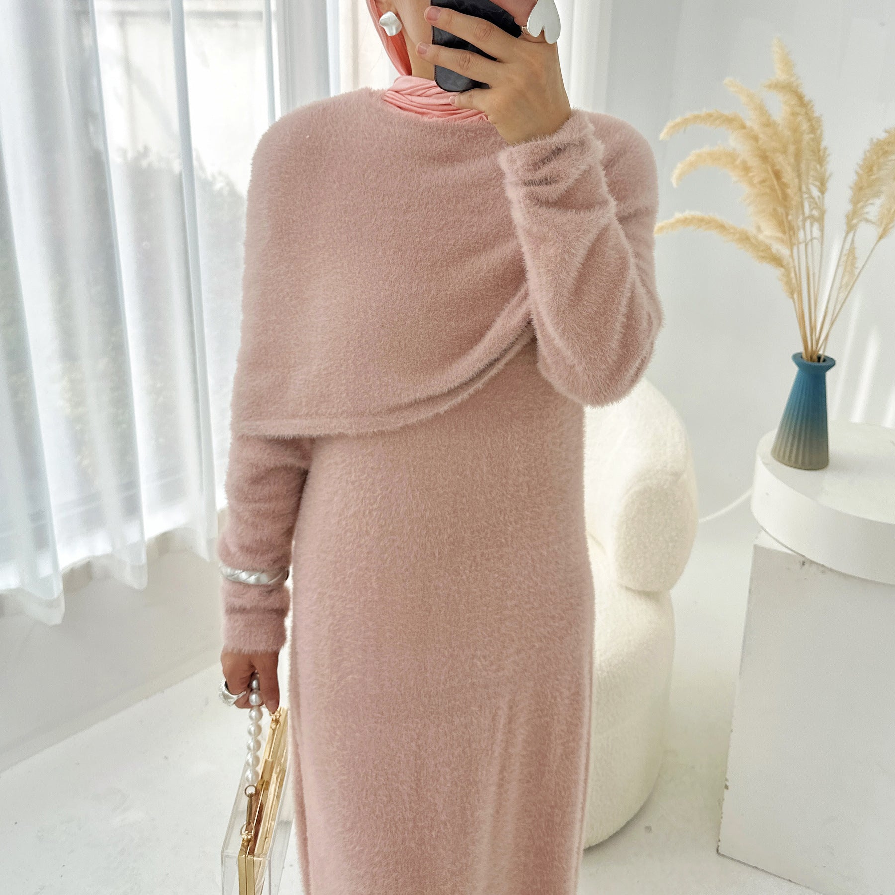 LR1085  2-Piece Plain Slim Fit Sweater Set with Shawl