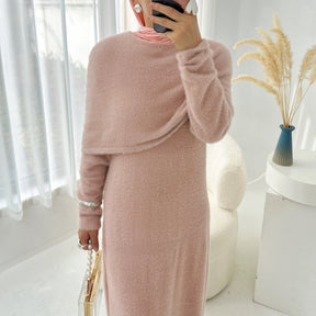 LR1085  2-Piece Plain Slim Fit Sweater Set with Shawl