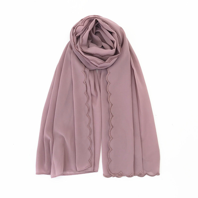 WJA46 plain pearl chiffon embroidery edge hijab scarf