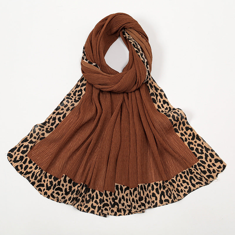 VS773 Hot sale new style leopard wrinkle polyester long scarf solid color headscarf