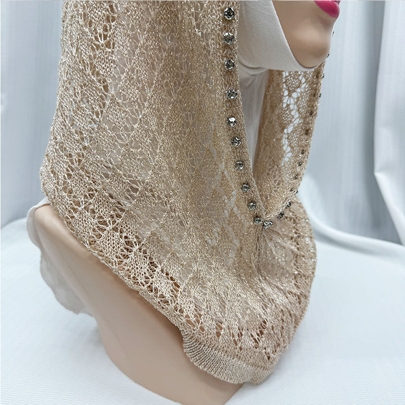 2133-895  Crystal-studded Shiny Thread Breathable Hollow-out Hijab Cap