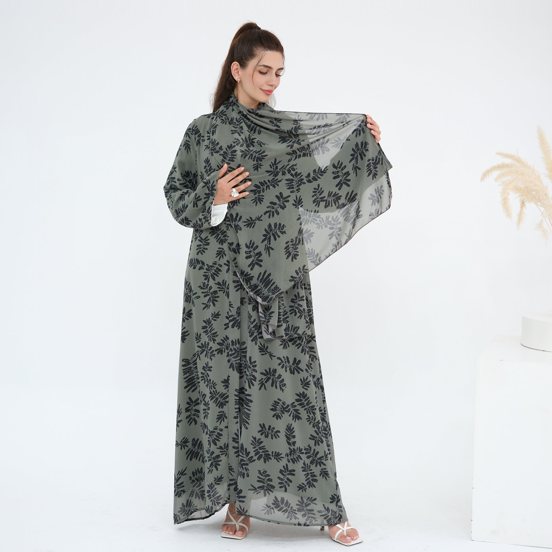 LR1067  Printed Chiffon Lined Open Abaya + Hijab Set