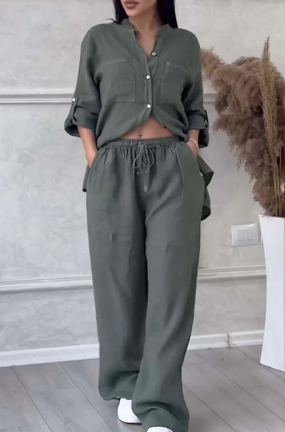 6670  Women's Plain Single-Breasted Long Sleeve Shirt & Tie Waist Pants Set