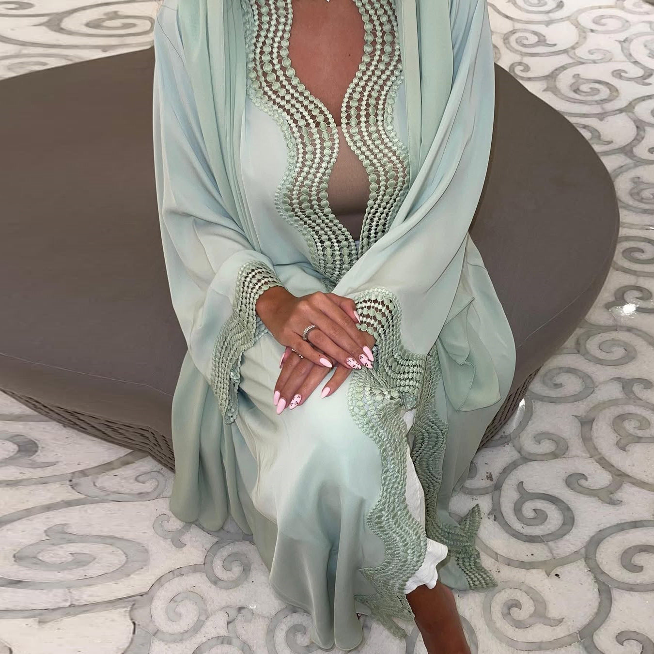MQ255  Elegant Lace Trim Long Dress Cardigan