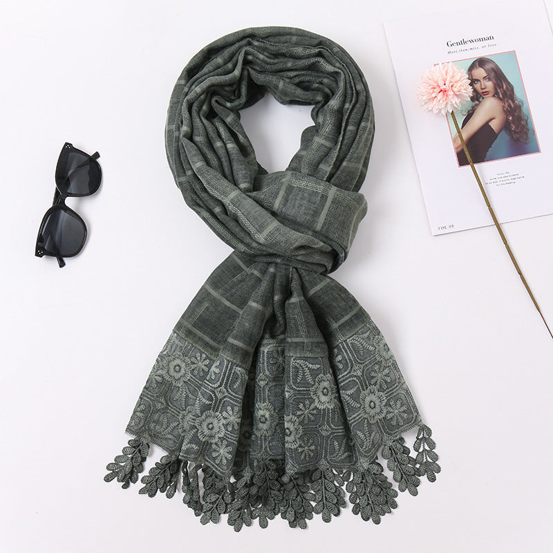 VS238 premium embroidery tassel lace edge cotton hijab scarf