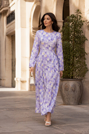LR1373  Elegant Floral Center Print Double-Layer Polyester Tie Waist Dress