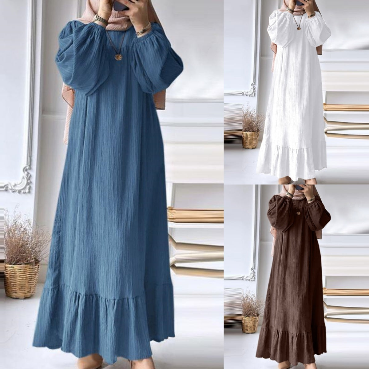 L8019  Puff Sleeve Vintage Pocket Hem Ruffle Dress