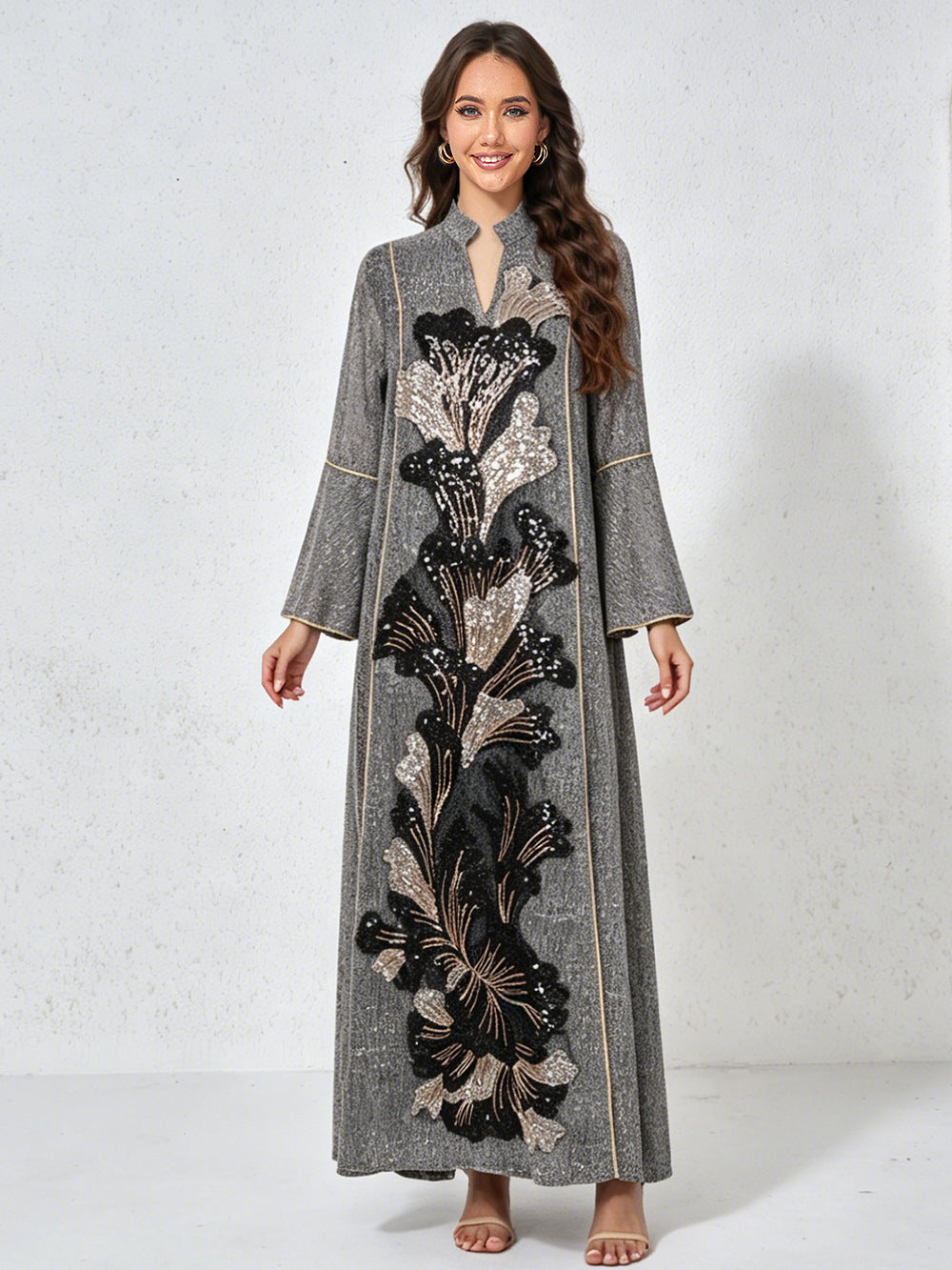 MT557  Stand Collar Sequin Beaded Embroidered Luxury Dress