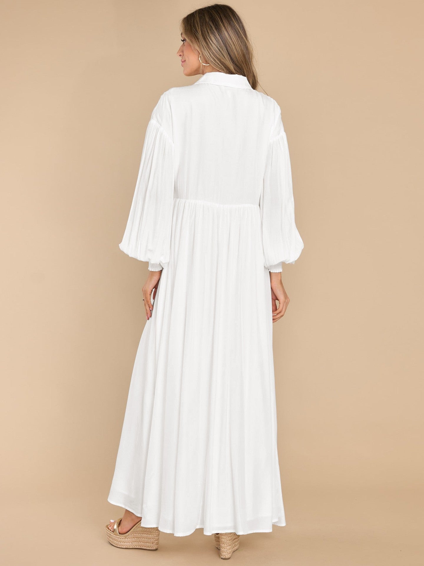 7826  Women's Casual Plain Button Lapel Pleated Long Sleeve Maxi Dress