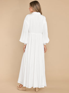 7826  Women's Casual Plain Button Lapel Pleated Long Sleeve Maxi Dress