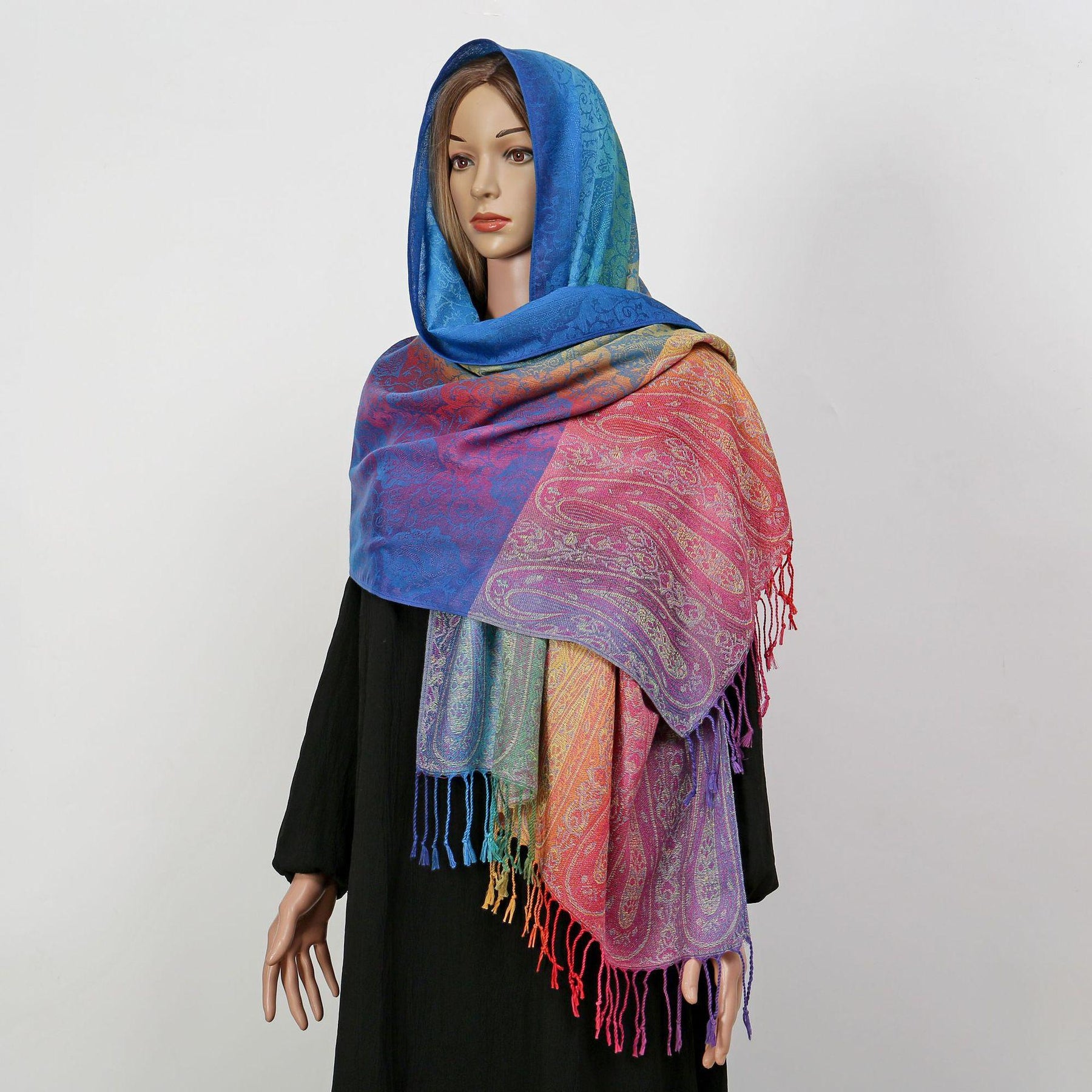 YF0438  Colorful Jacquard Soft Polyester Tassel Long Scarf