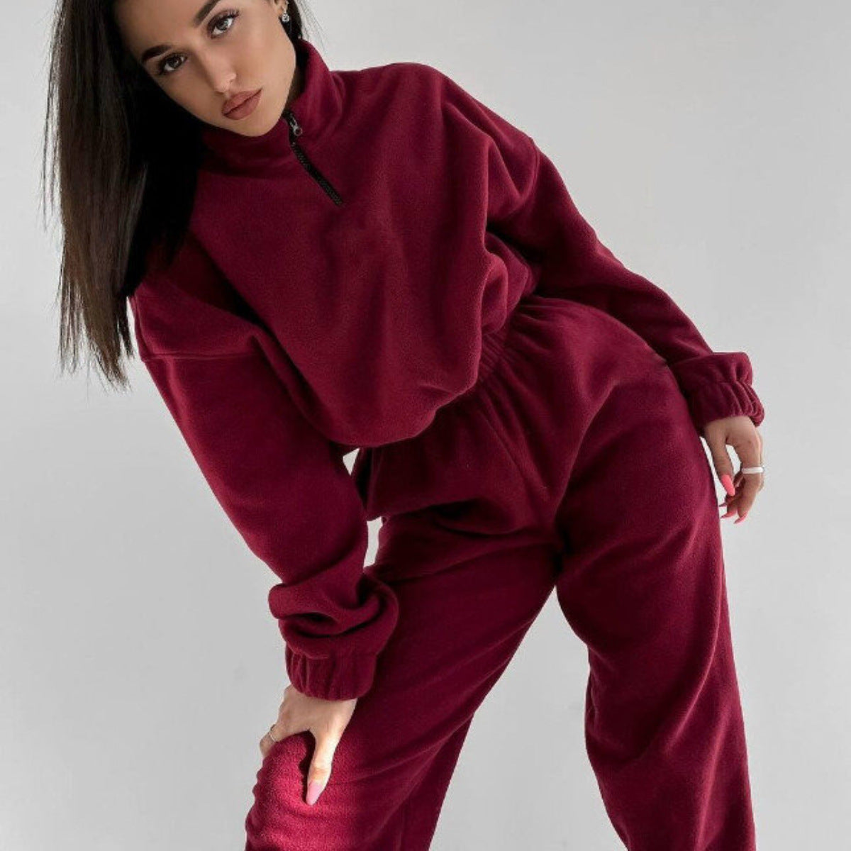 PP5972 Spring Autumn Plain Loose Zip Up Stand Collar Sweatsuit 2-Piece Set Abaya