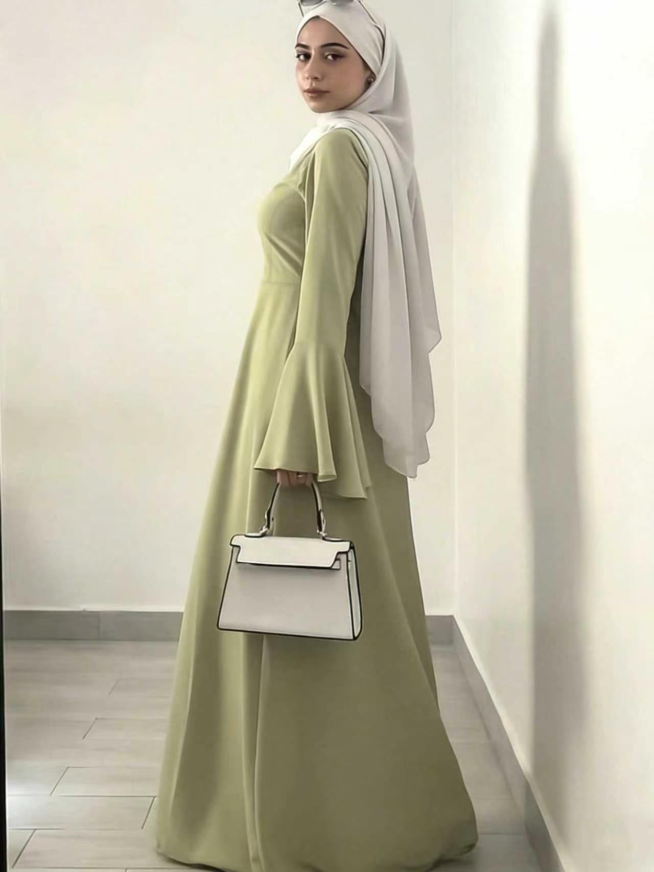 236663  Plain Bell Sleeve Slim-Waist Polyester Dress-Only Dress