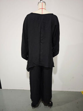 GS-30910  Women Simple Loose Linen Blend Shirt Wide Leg Pants Set