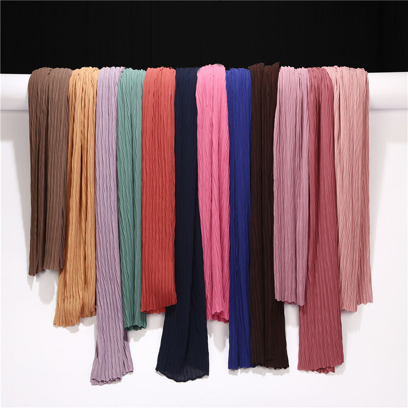 MSL072  New pearl chiffon pleated head scarf Fashion leaf wrinkled solid color scarf