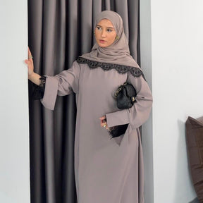 LR1175  Lace-paneled plus size loose fit dress + hijab 2-piece set