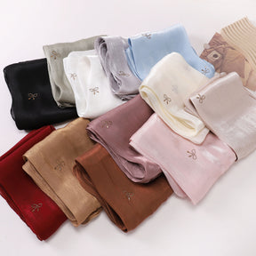 W-0625  Sea Island Silk Bright Silk Hijab with Rhinestone Bow