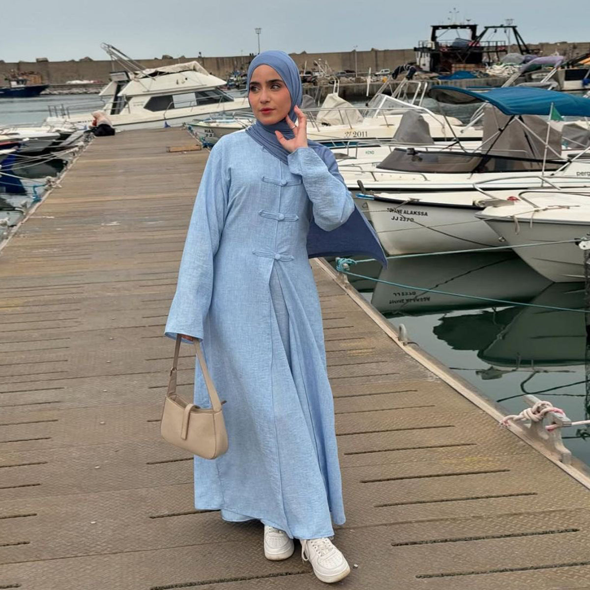 LR1124  Plain Solid Polyester Tie-Front Open Abaya Cardigan + Inner 2-Piece Set