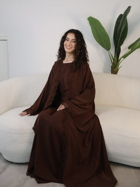 LR1191  Plain Nida Gold Foil Lace Open Abaya + Inner Layer + Hijab Set