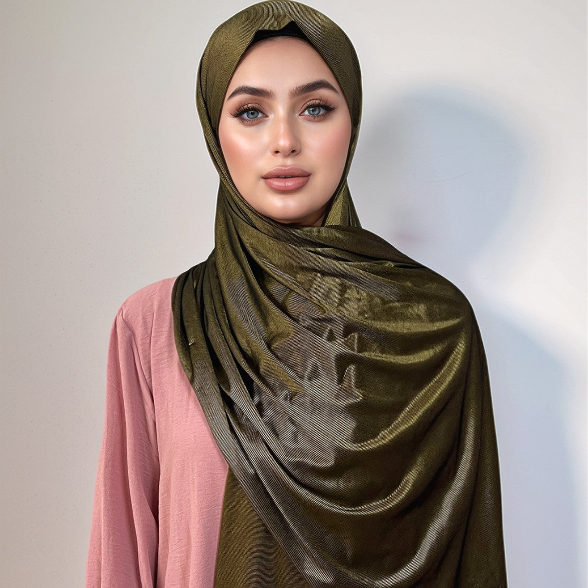 Plain Glossy Crinkle Polyester Jersey Hijab - Model View 4