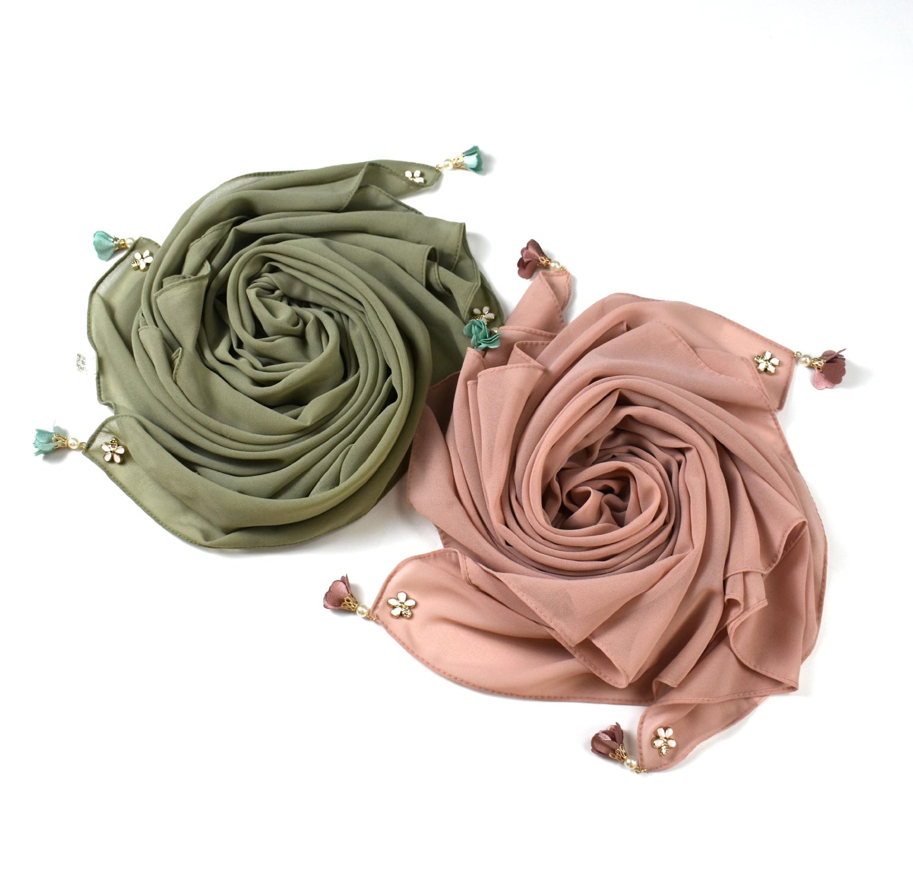 W-0066 90*90 plain pearl chiffon Flower tassel kerchief hijab scarf