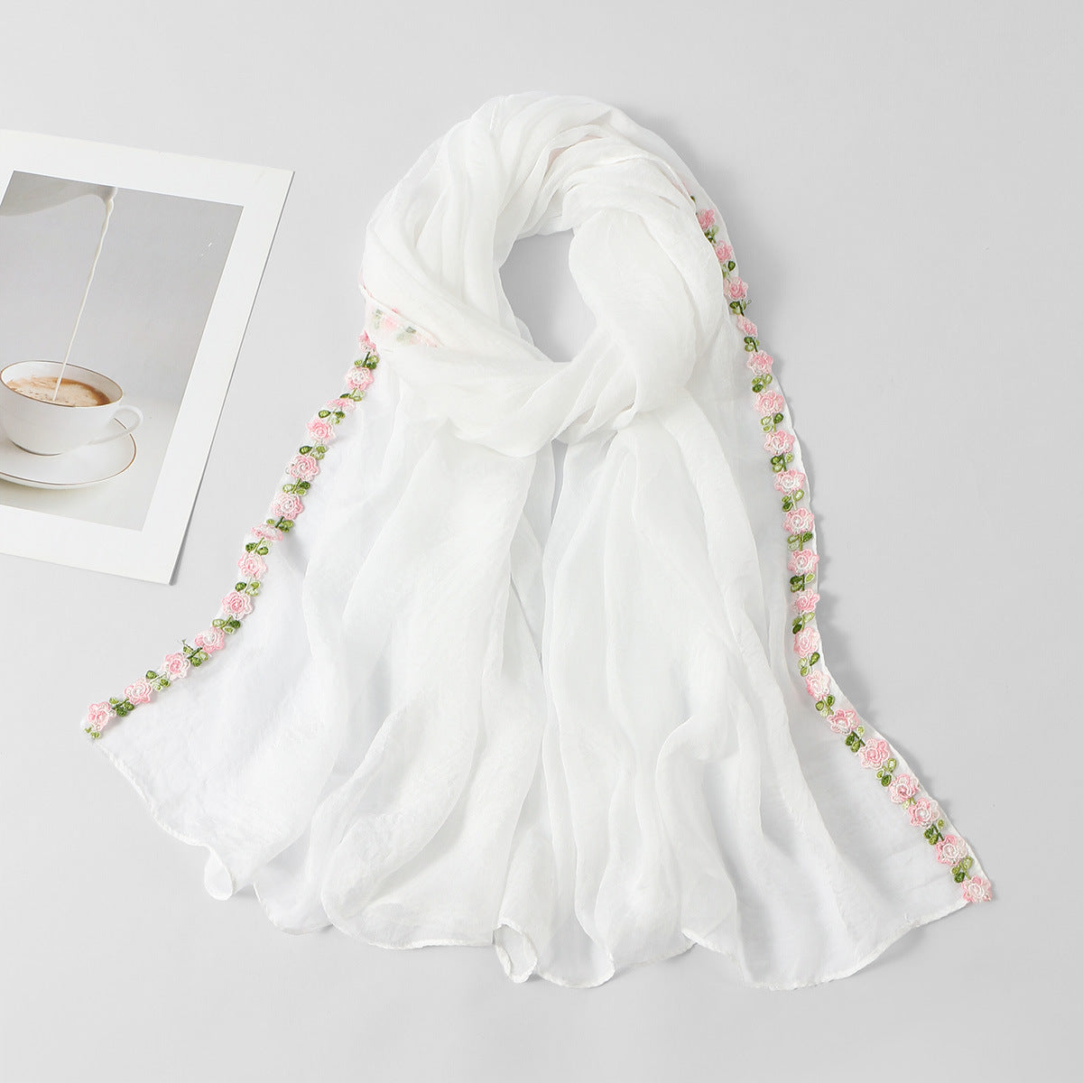SW141  Plain Chiffon Rose Embroidered Hijab