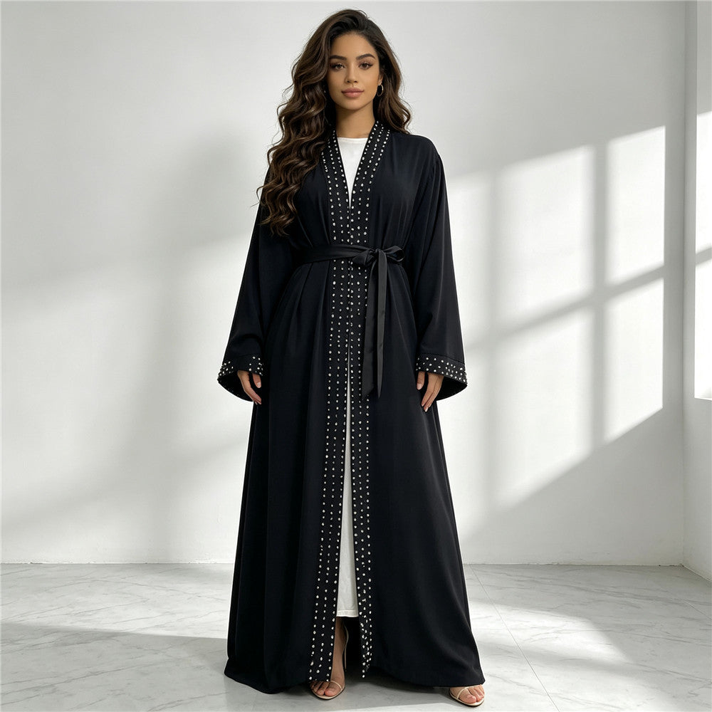 1838 vestido tipo cárdigan abaya musulmán con cuentas de uñas liso