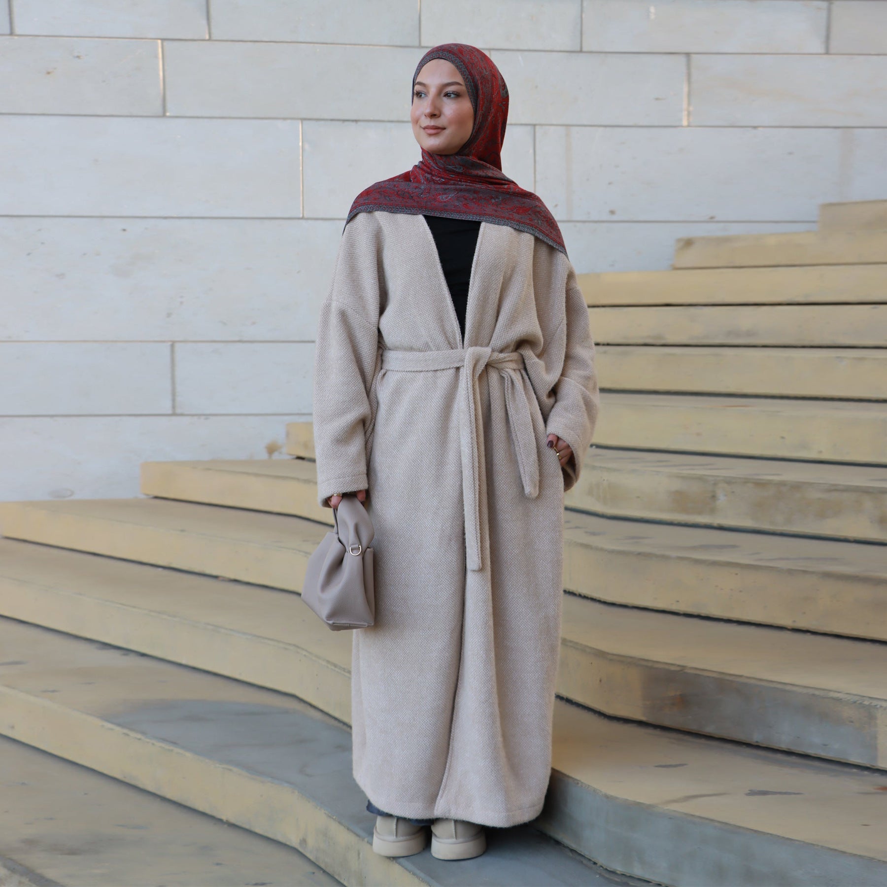 LR1125  Thick Winter Abaya Cardigan with Belt