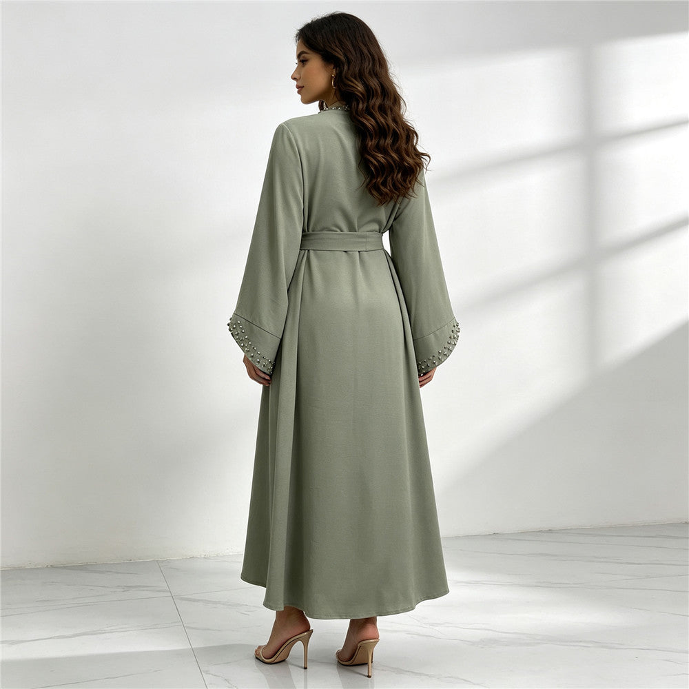 1838 vestido tipo cárdigan abaya musulmán con cuentas de uñas liso
