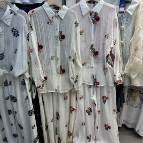 YZJ001  Spring Cotton Linen Embroidered Flower Shirt & Pants Set